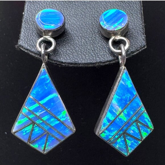 Vintage FB Sterling Silver & Blue Opal Inlay Dangle Earrings Zuni Signed Stamped - Picture 2 of 6